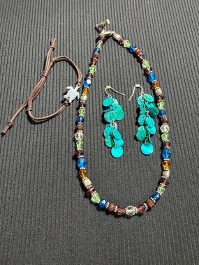 Boho Multicolor Beaded Necklace with Turquoise Disc Earrings